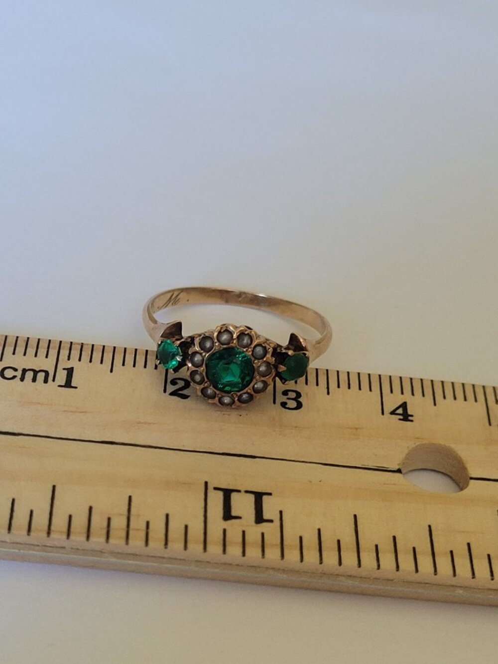 Antique Emerald Green Stones Pearls 10k Gold Victorian Ring May June Birthstones - Picture 13 of 16